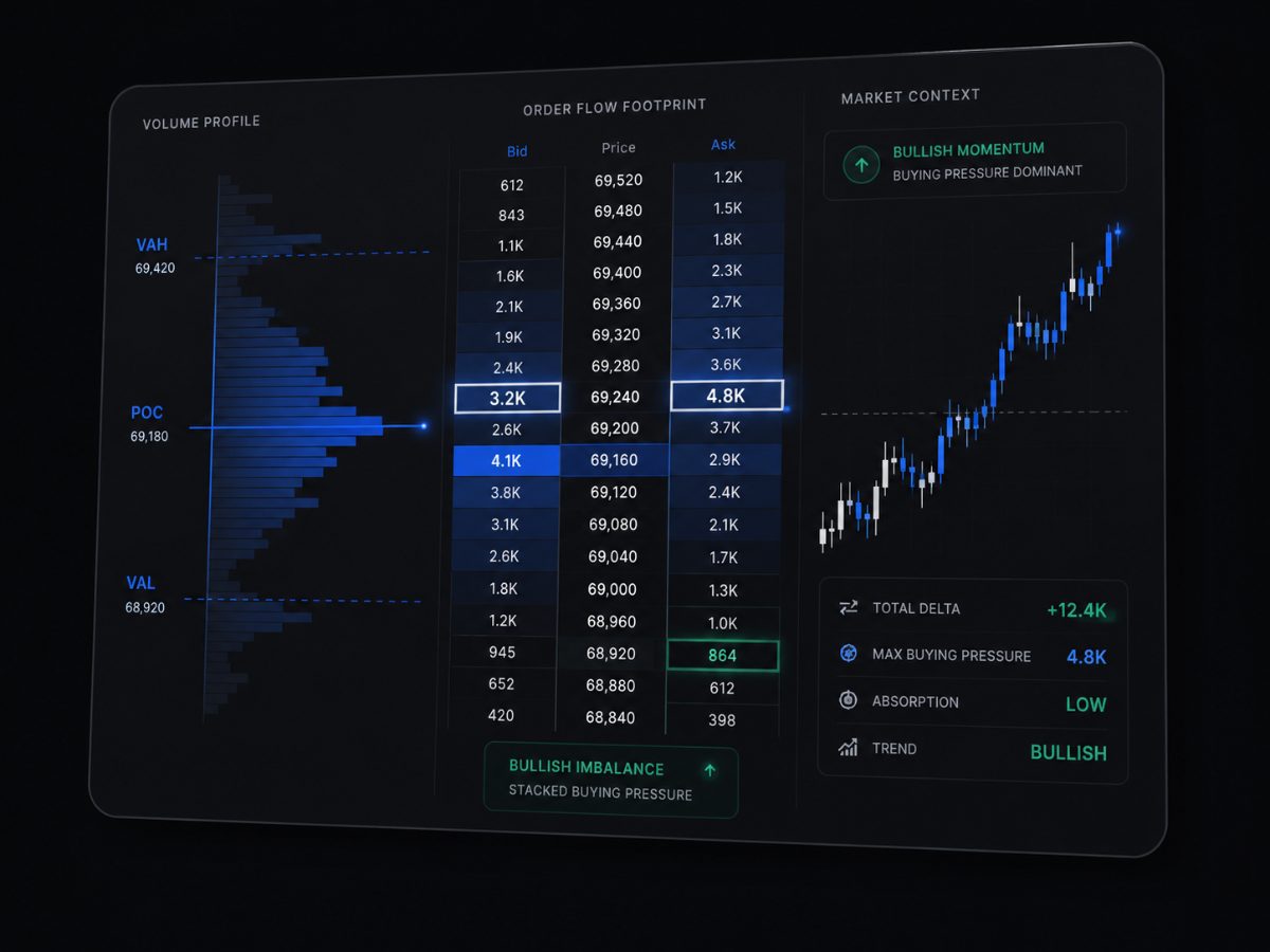 SCryptoTrader Order Flow dashboard — Bitcoin footprint chart, volume profile, delta ladder and price action