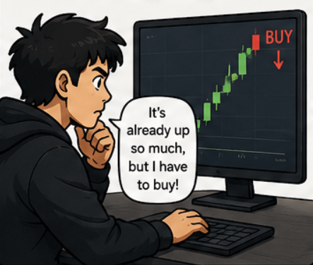 Trader watching a chart pump saying it is already up so much but I have to buy