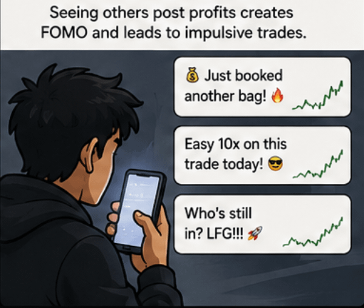 Trader looking at a phone full of posts about booking bags and easy 10x trades