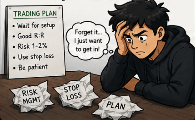 A trading plan on the wall while risk management, stop loss and plan notes lie crumpled on the desk