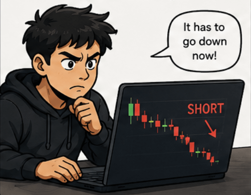 Frustrated trader shorting a chart saying it has to go down now