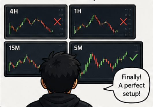 Trader scanning 4H, 1H, 15M and 5M charts until one looks like a perfect setup