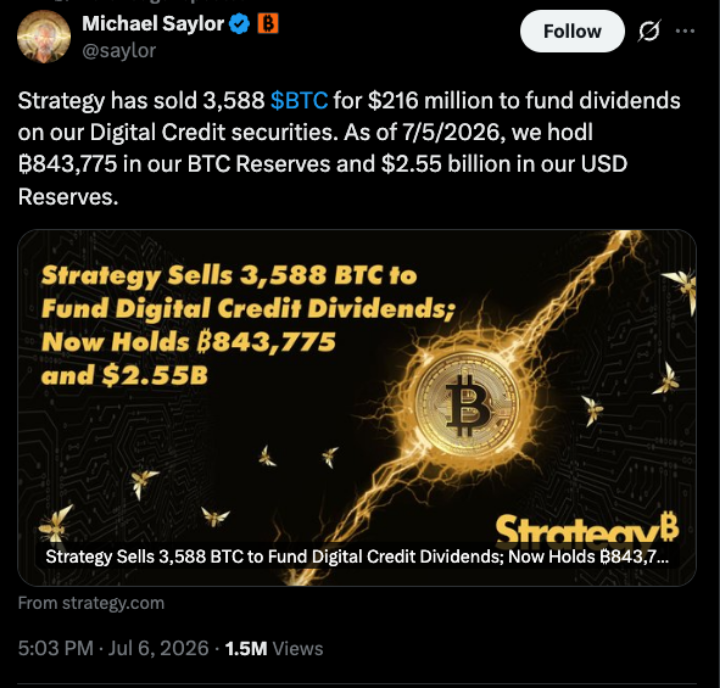 Michael Saylor tweet announcing Strategy sold 3,588 BTC for $216 million