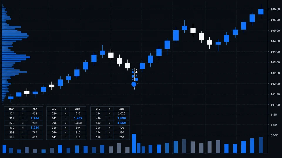 Illustrative blue and white order flow chart with executed trades, bid and ask volume, and a volume profile